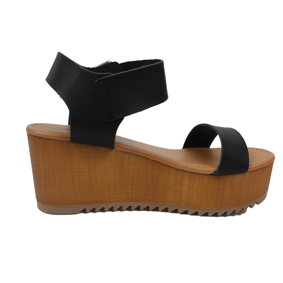 Black Open Toe Ankle Strap Flatform Wedge - Picture 3 of 6